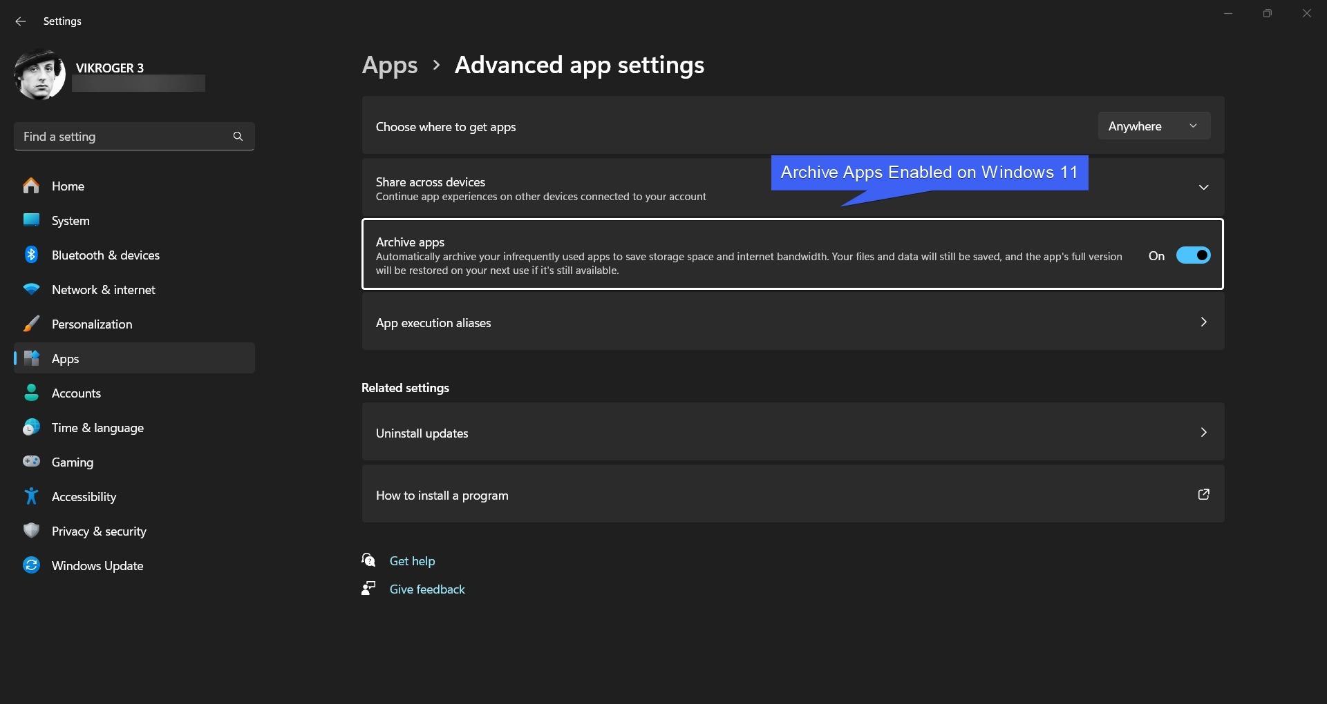 Archive Apps Enabled on Windows 11