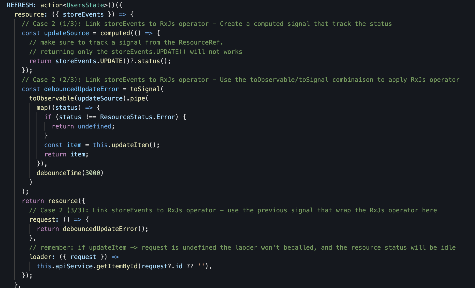 Using RxJs operator with inner store signal event