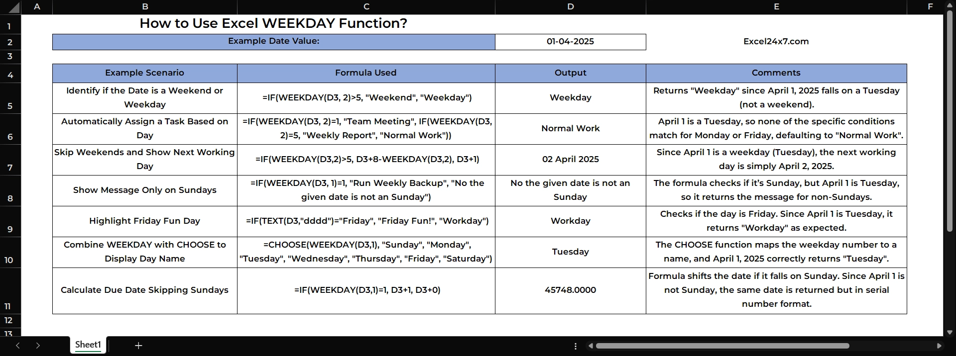 Basic usage of using WEEKDAY functions with other Nested functions.