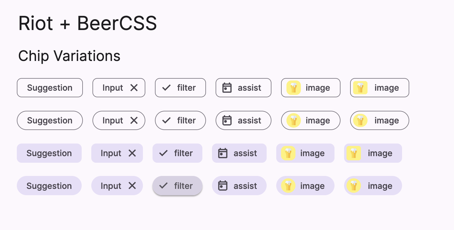 Variations of the chip Component made with RiotJS and BeerCSS