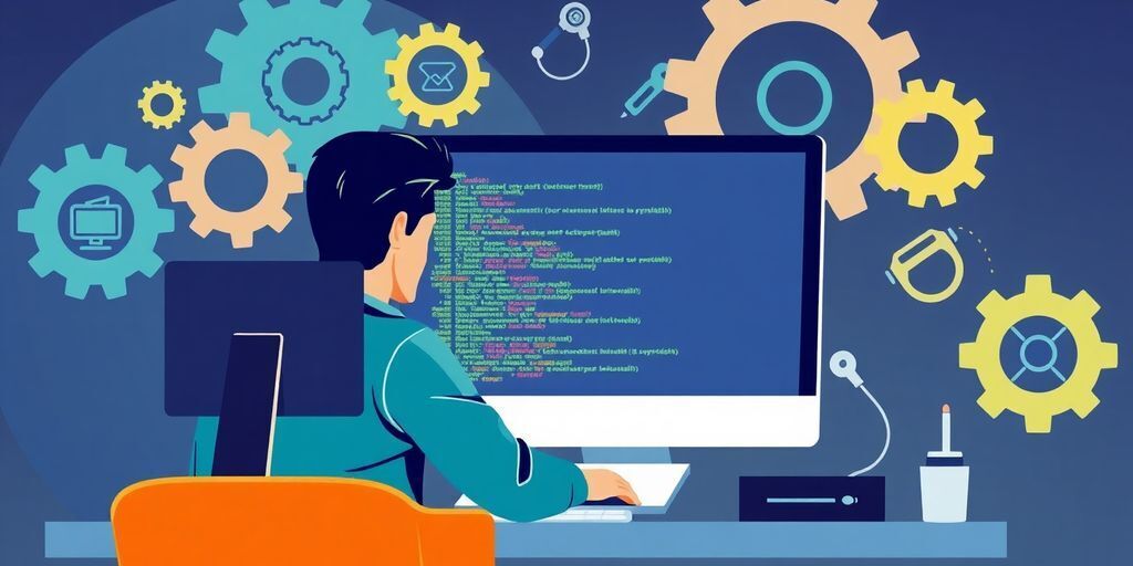 Illustration of a developer coding with gears in background.