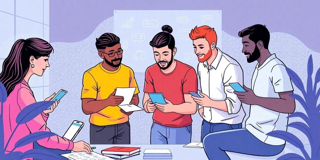 Diverse team collaborating on smartphone app development design.
