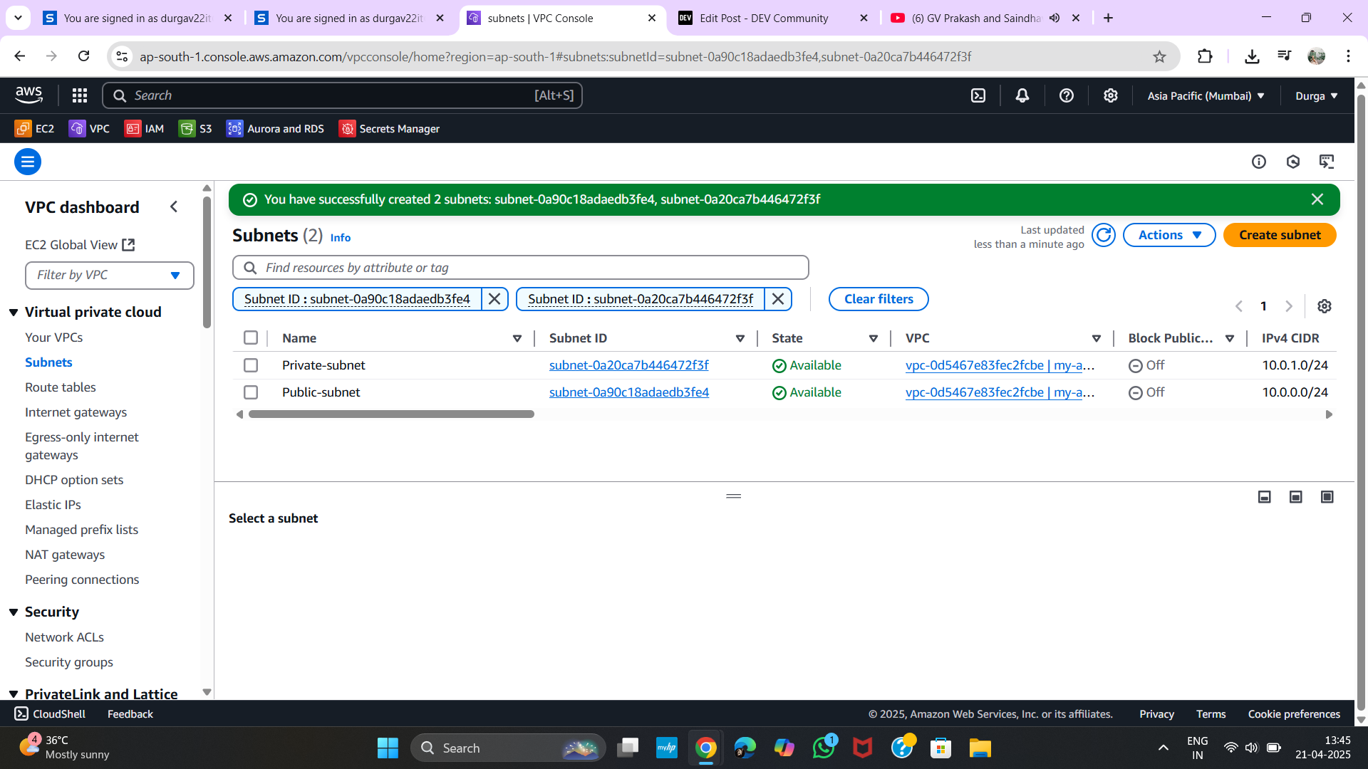 Subnets Created