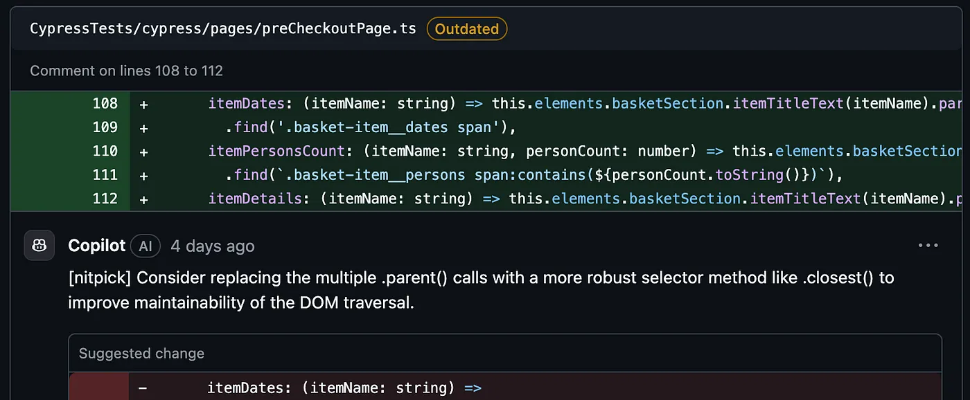 Suggested code changes by Copilot