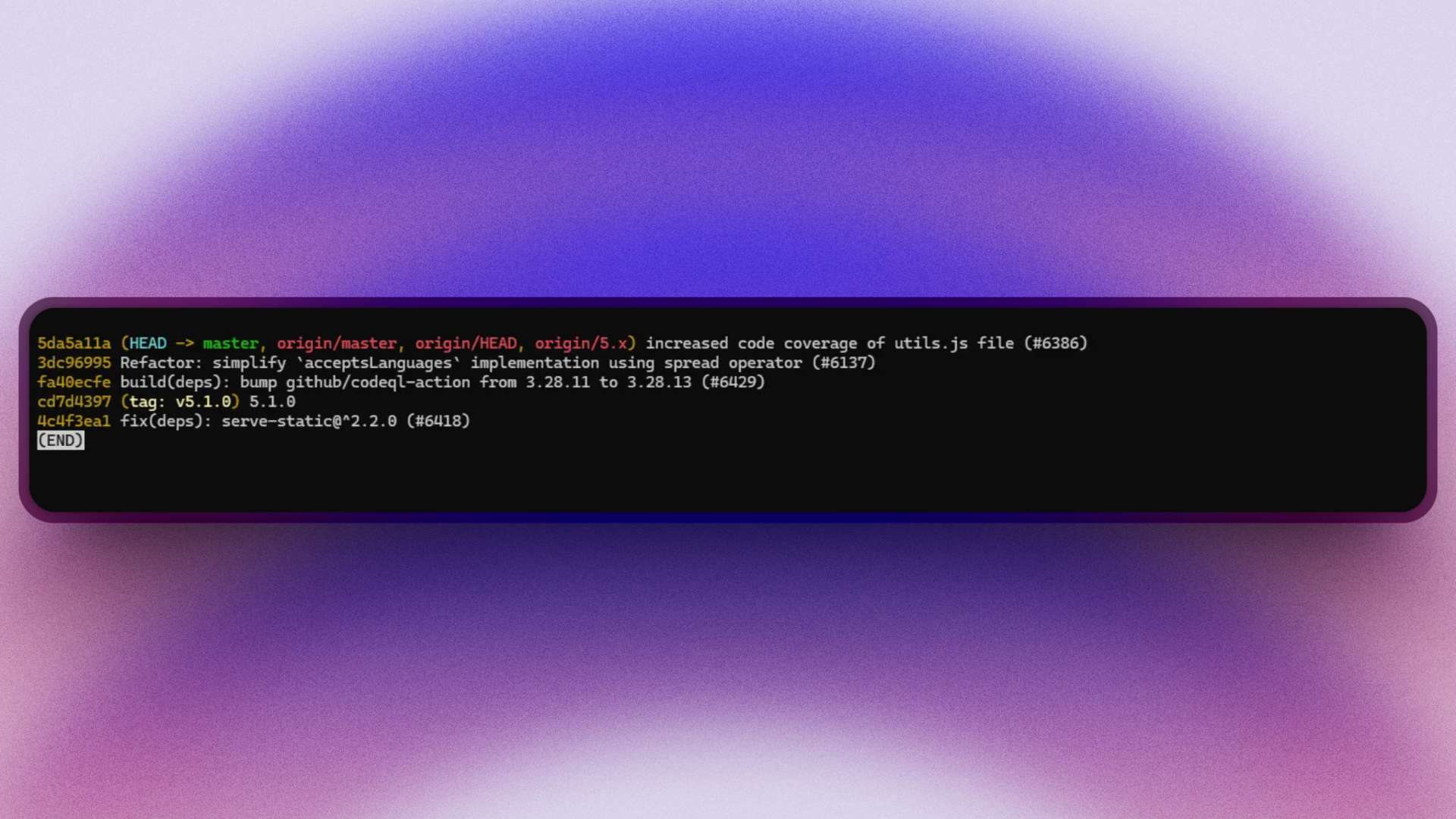 Viewing the latest commits in the Express codebase using  raw `git log --oneline` endraw . This shows short, purposeful commit messages—each focused on a single, clear change.