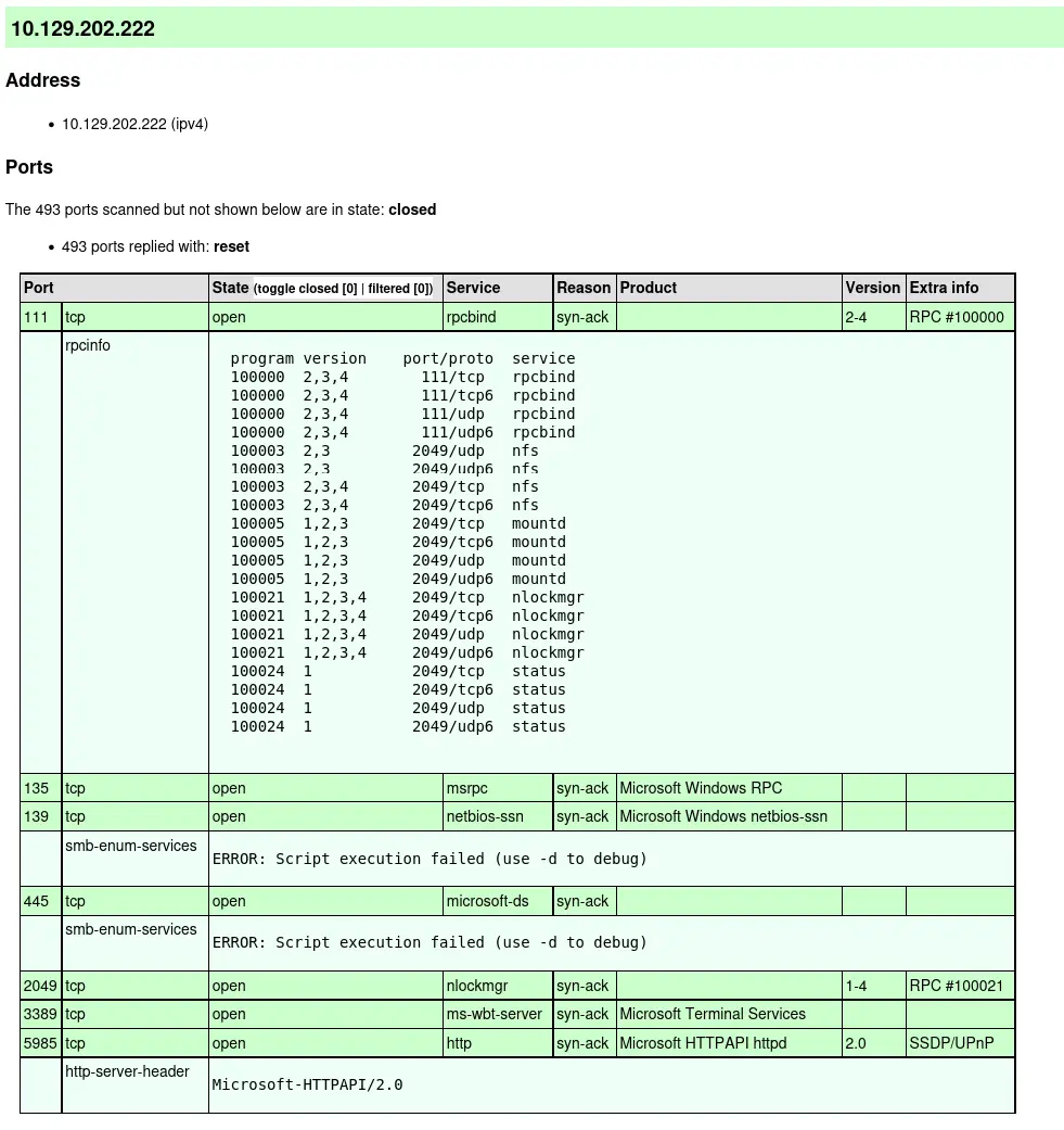 Figure 1 - NMAP scan results showing open services