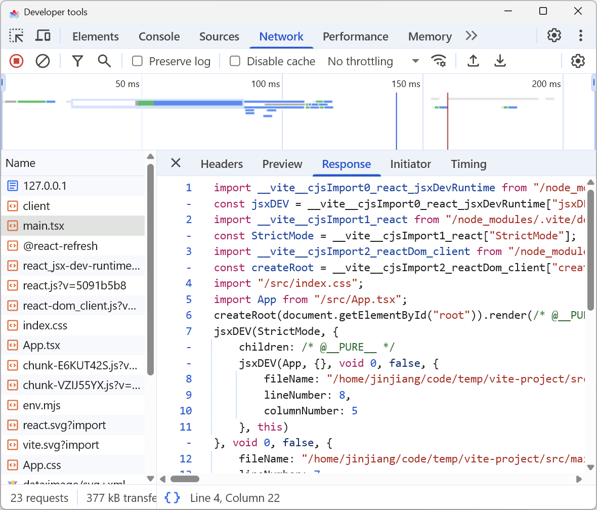 Screenshot of the DevTools after the basic setup