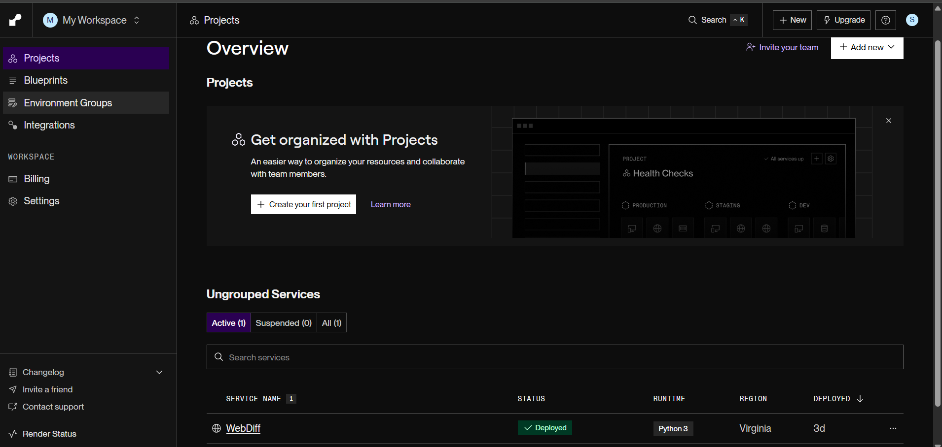 Render Dashboard showing backend deployment setup