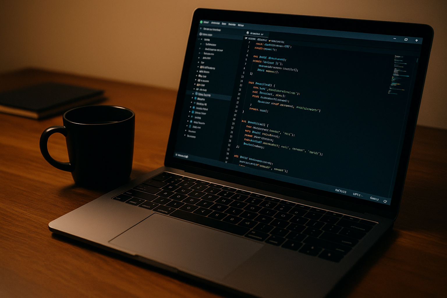 My cozy dev setup – laptop, code, coffee, and vibes!