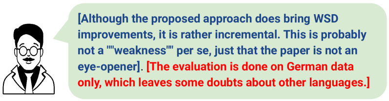 Illustration of lazy thinking in ARR-22 reviews sourced from NLPeer. The first review segment belongs to the class 'The results are not novel.' The last segment pertains to, 'The approach is tested only on [not English], so unclear if it will generalize to other languages.'