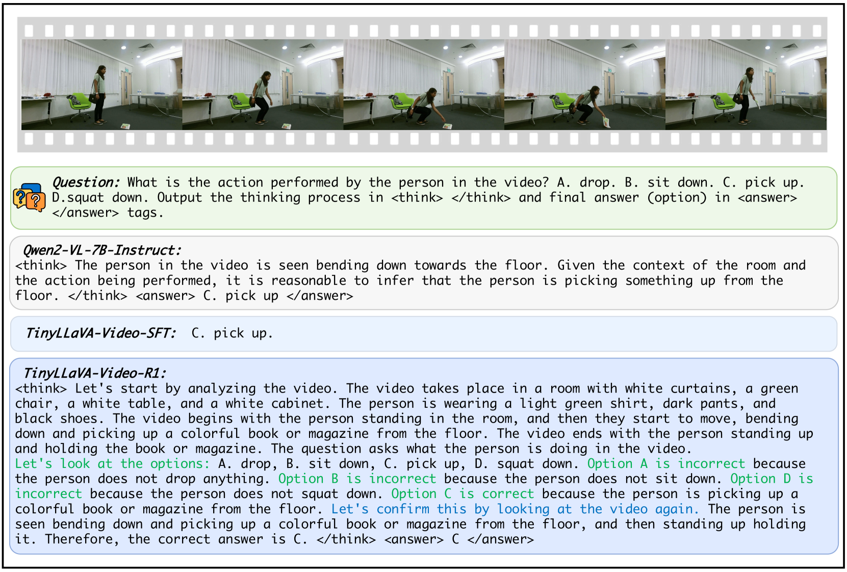 A case of TinyLLaVA-Video-R1 on video understanding data, sourced from MVBench. The model demonstrates the ability to perceive video scenes and analyze options, while also exhibiting reflective and backtracking behavior (highlighted in blue).