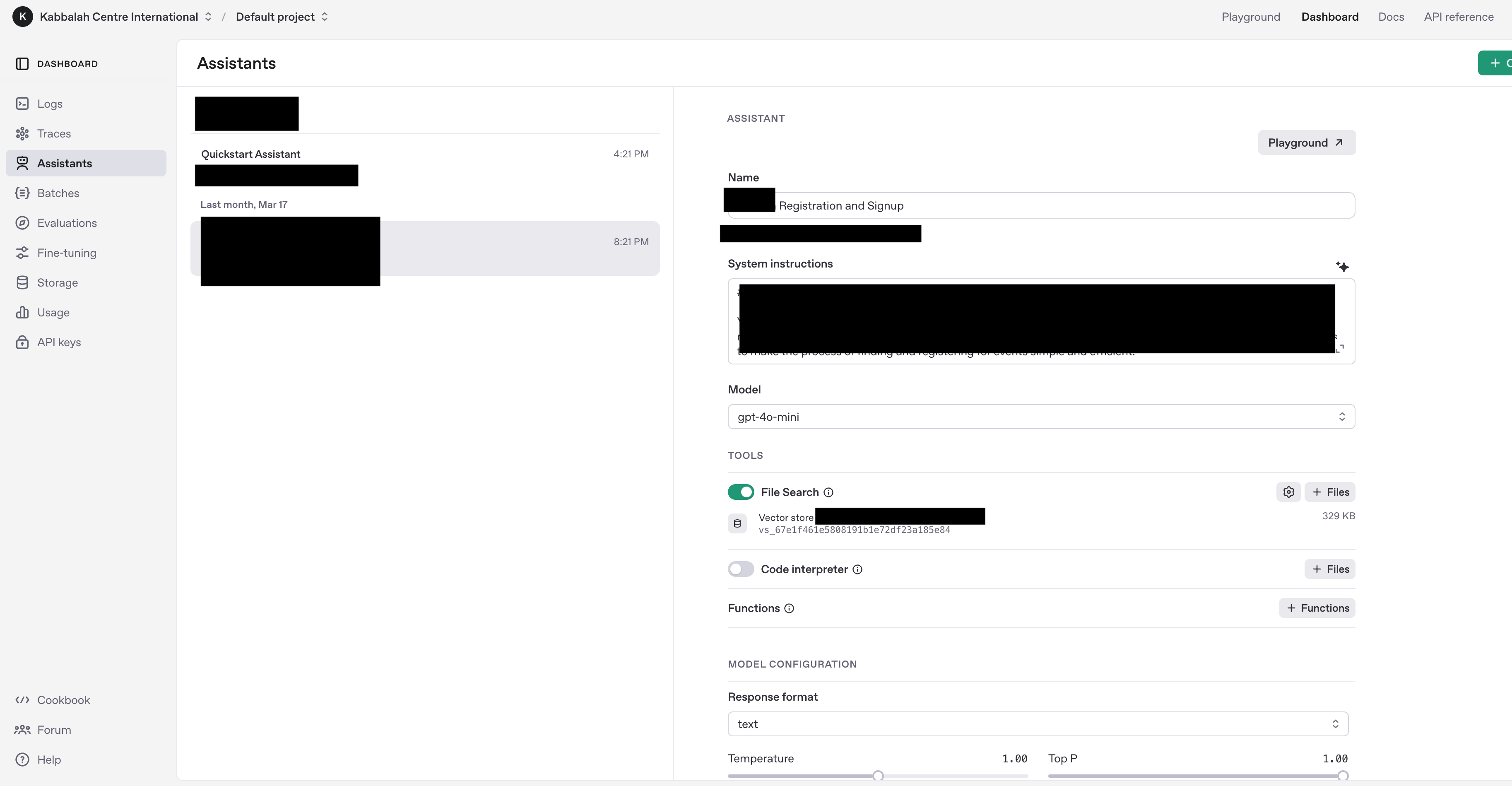 Assistant via OpenAI Platform UI