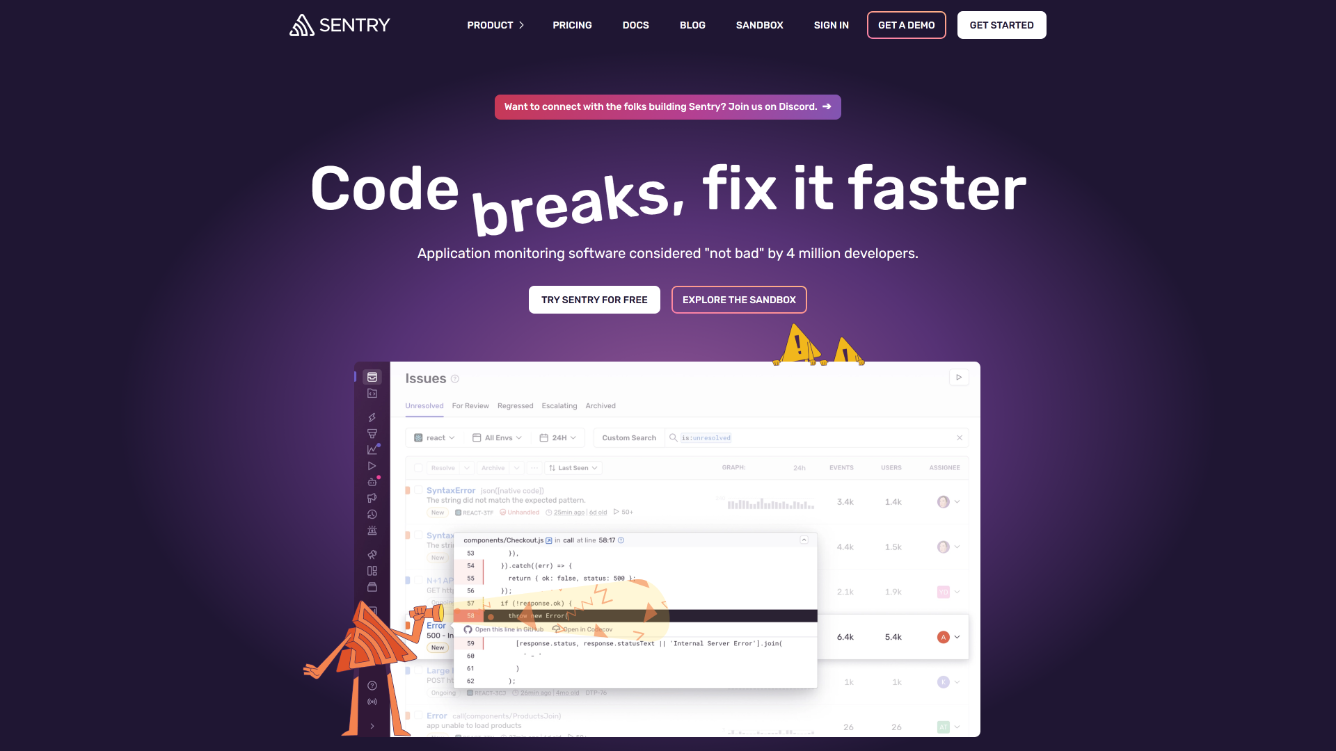 Home page of Sentry