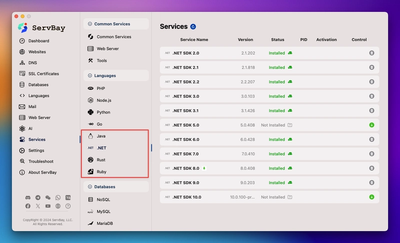 ServBay 1.12.0 Update: Adds Support for Java, Rust, ASP.NET Framework 4.x, and More