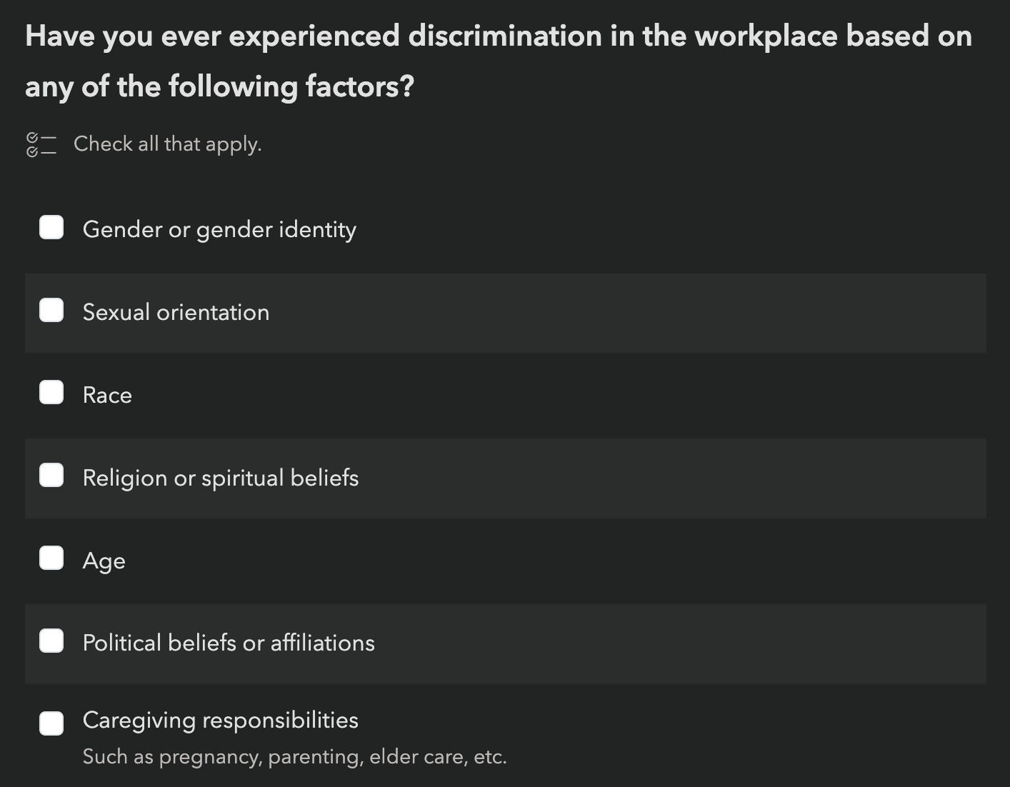 Have you ever experienced discrimination in the workplace based on any of the following factors?<br>
