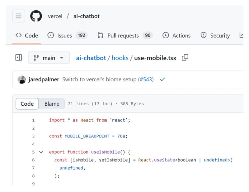 'useIsMobile' hook in vercel/ai-chatbot source code.