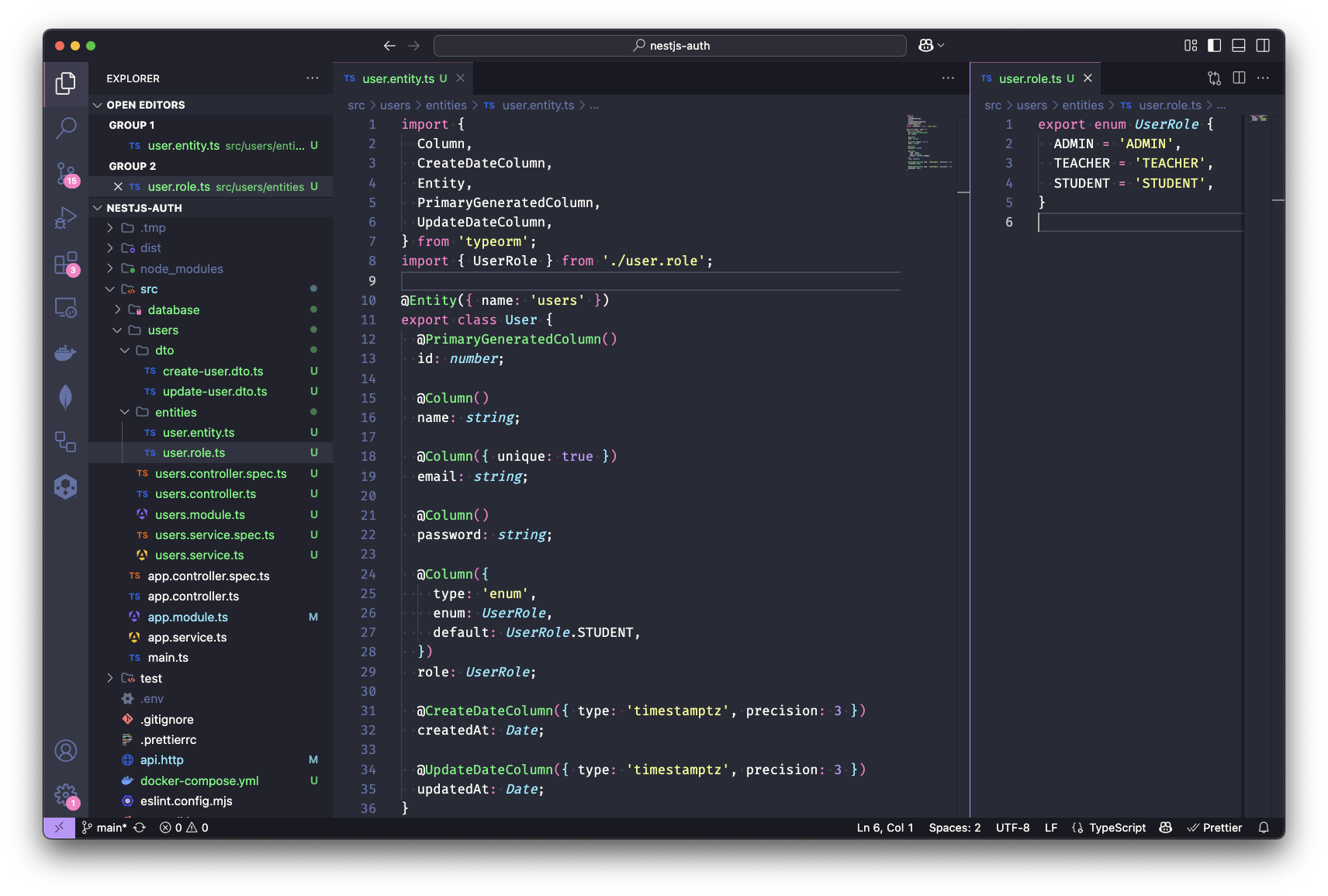 User.entity.ts e Enum UserRole