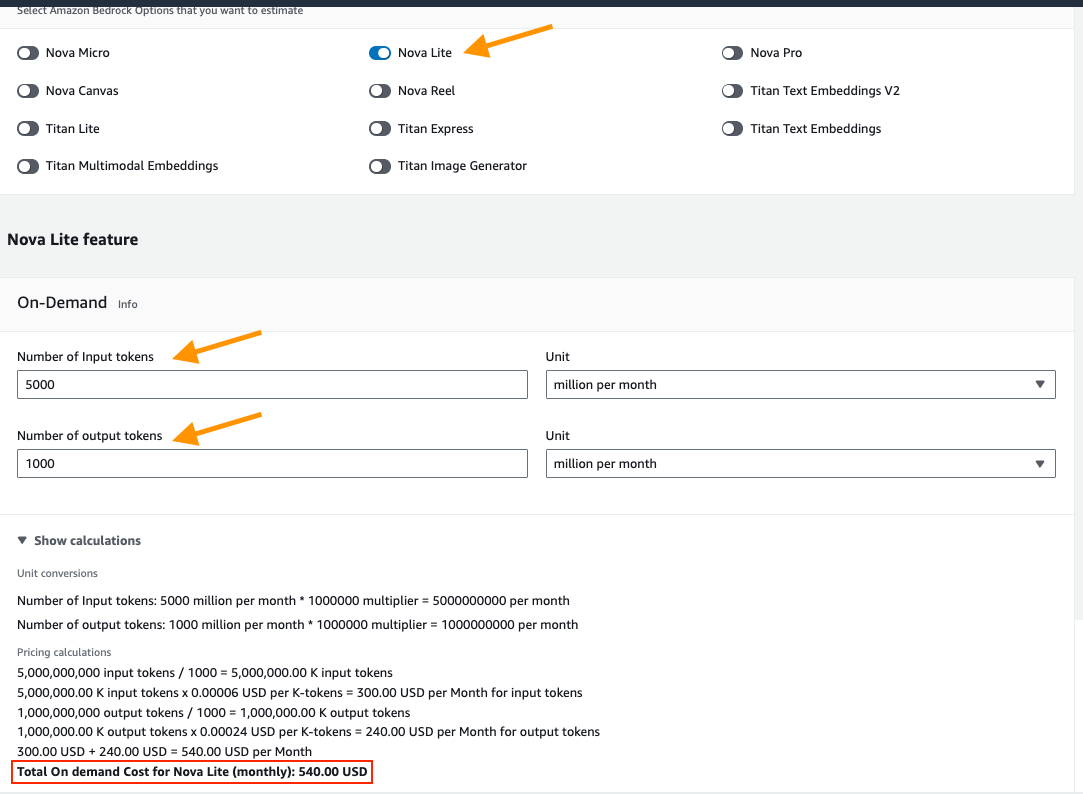 Screenshot of the AWS calculator with arrows pointing to the input fields for token input and ouput