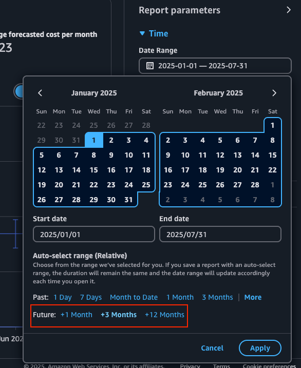 Screenshot of the cost explorer report with 3 months forecasting filter on the Bedrock service
