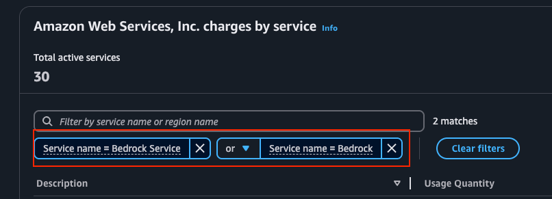 Screenshot of the billing console report with filters for the Bedrock services