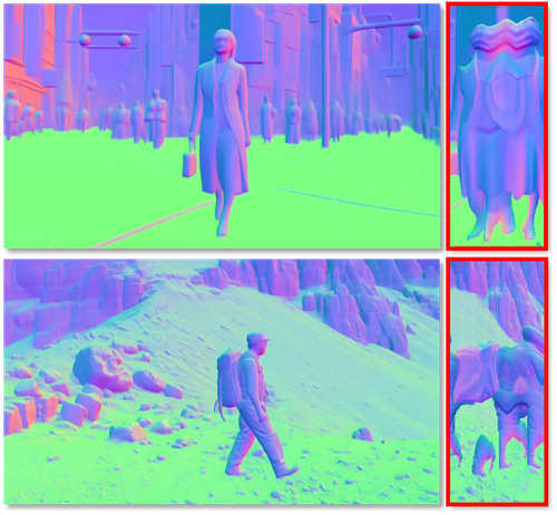 Overview of our NormalCrafter. We model the video normal estimation task with a video diffusion model conditioned on input RGB frames. We propose Semantic Feature Regularization (SFR) to align the diffusion features with robust semantic representations from DINO encoder, encouraging the model to concentrate on the intrinsic semantics for accurate and detailed normal estimation. Our training protocol consists of two stages: 1) training the entire U-Net in the latent space with diffusion score matching and SFR; 2) fine-tuning only the spatial layers in pixel space with angular loss and SFR.