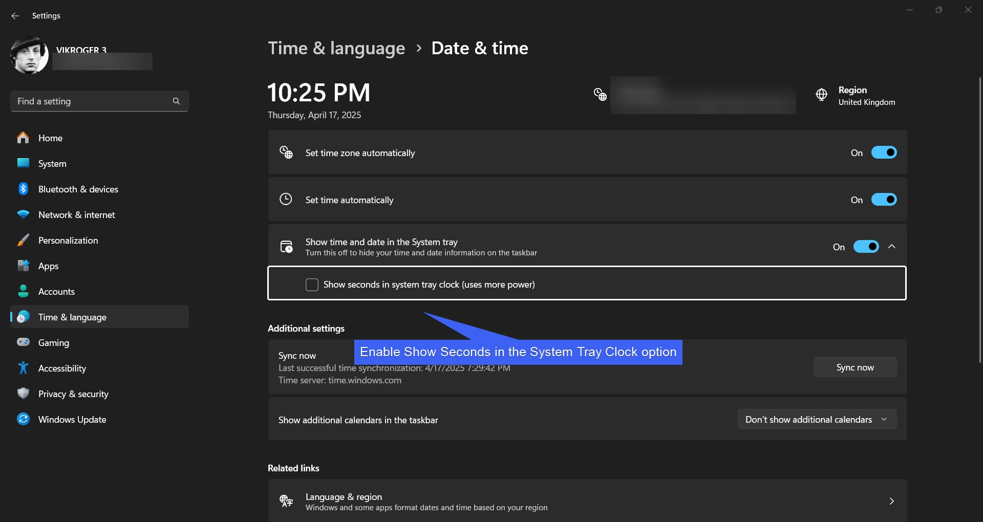 Enable Show Seconds in the in the System Tray Clock