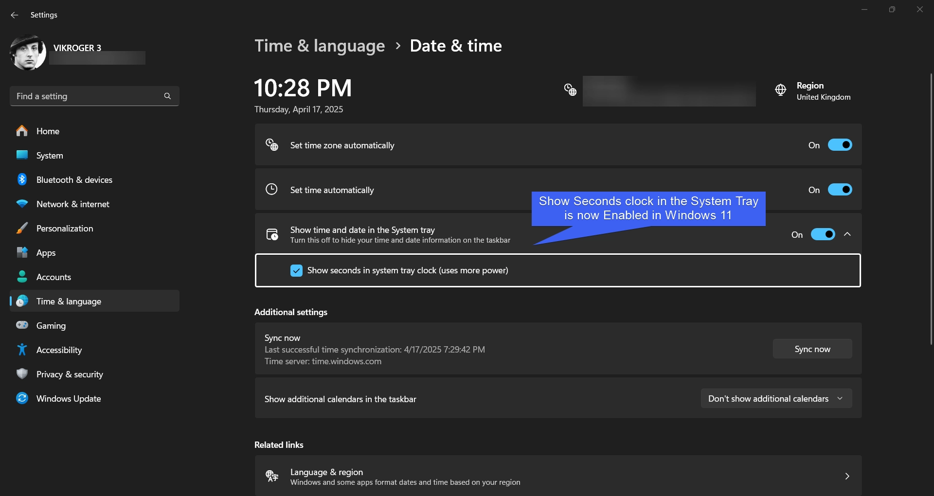 Show Seconds Clock option in the System Tray is now Enabled