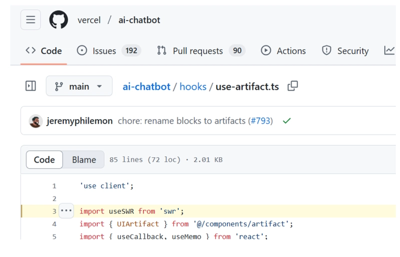 useSWR usage in vercel/ai-chatbot hooks.