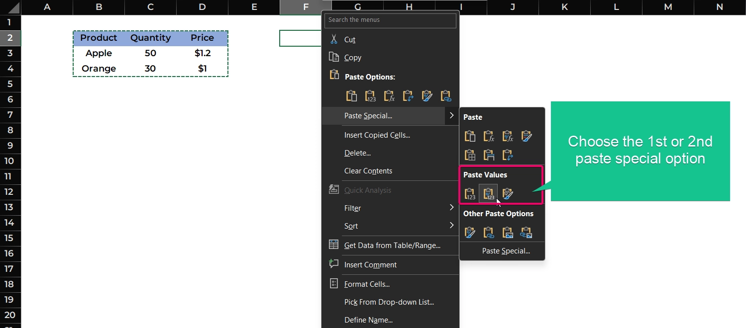 Pasting the values using Paste Special option