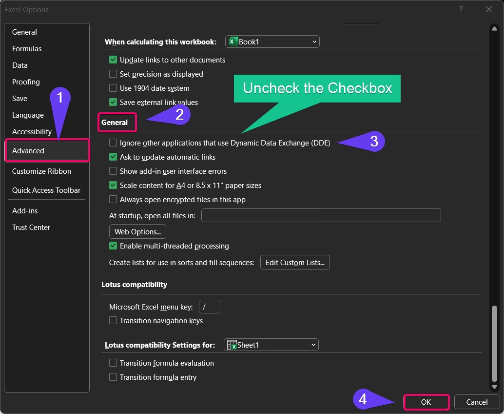 Unchecking the DDE Checkbox will fix this error in Excel
