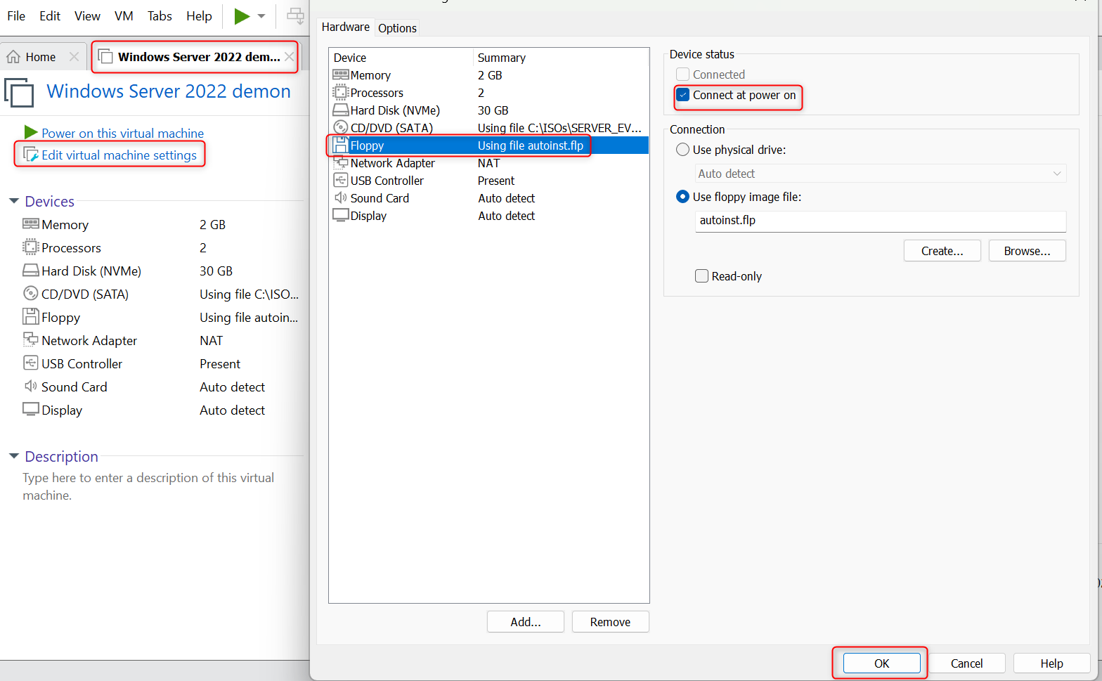 Edit Virtual Machine setting
