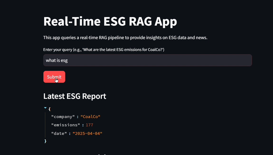 Streamlit app for ESG RAG showing live answers