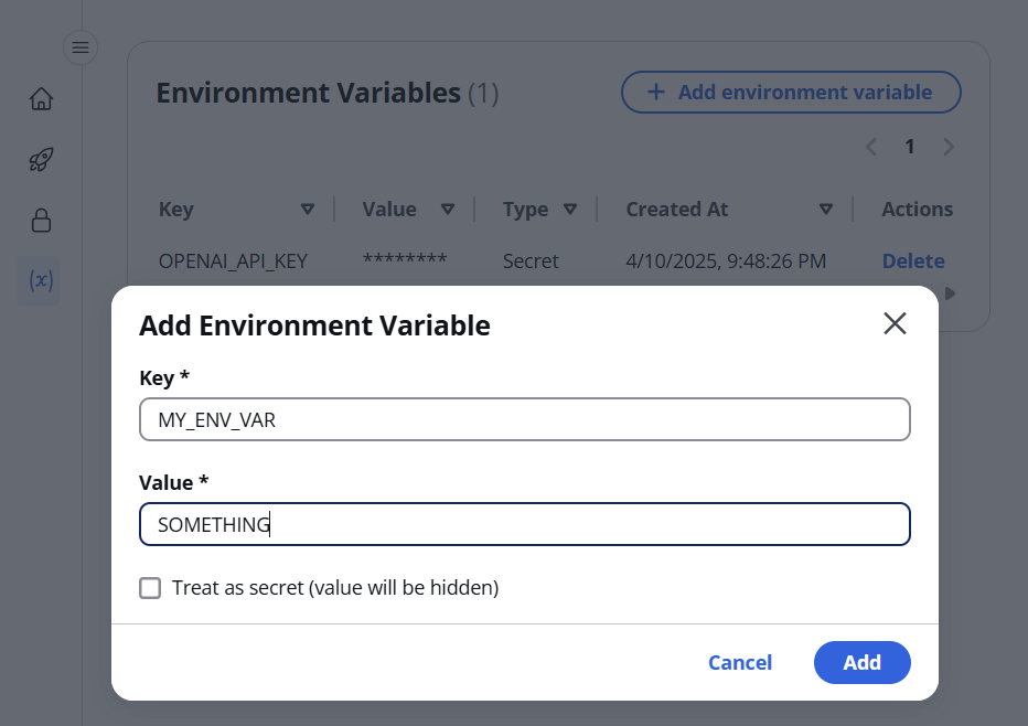 Adding environment variables