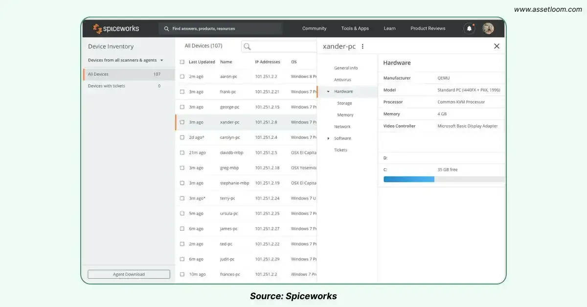 Spiceworks IT asset management asset list
