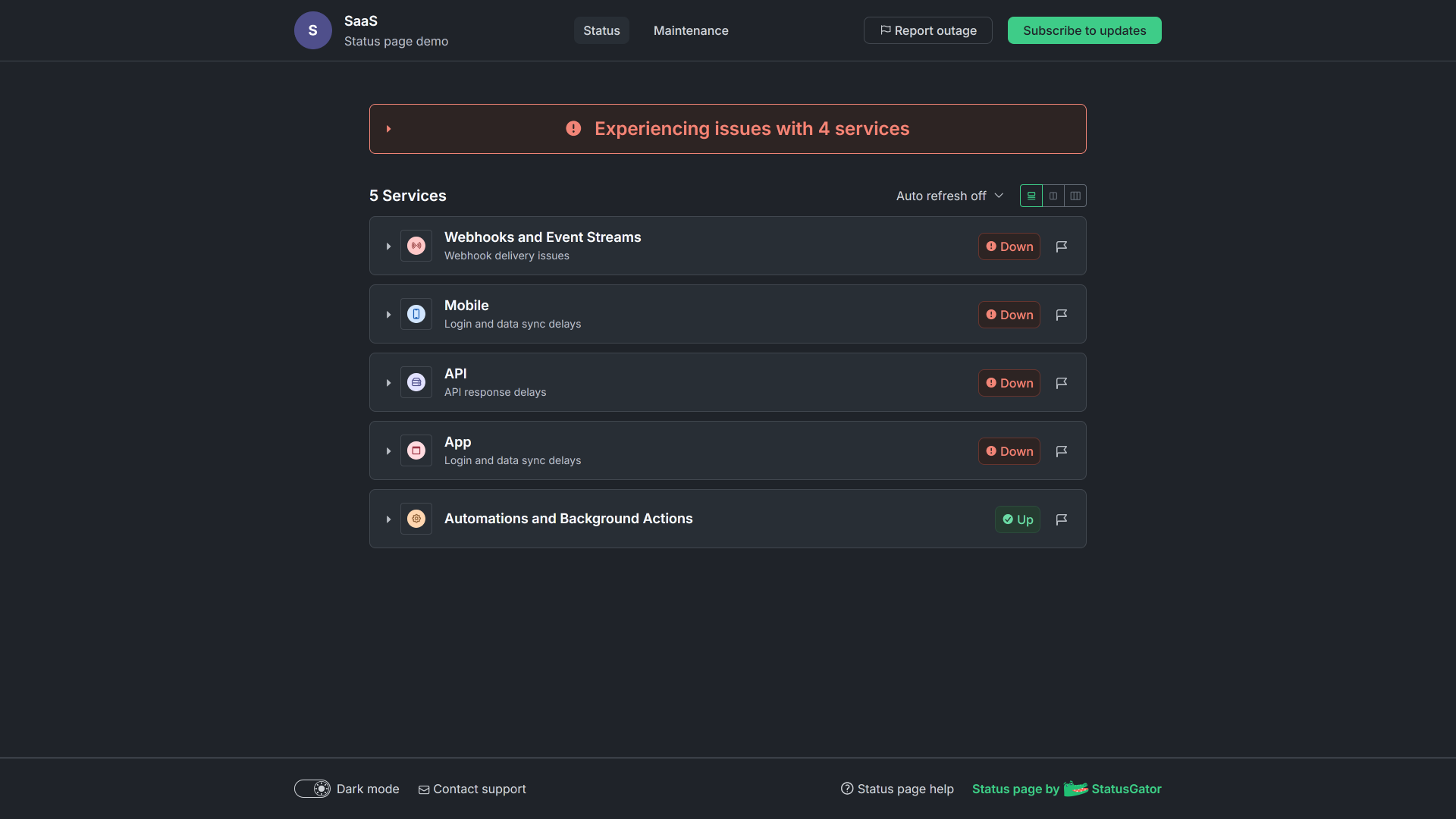 Demo status page of StatusGator