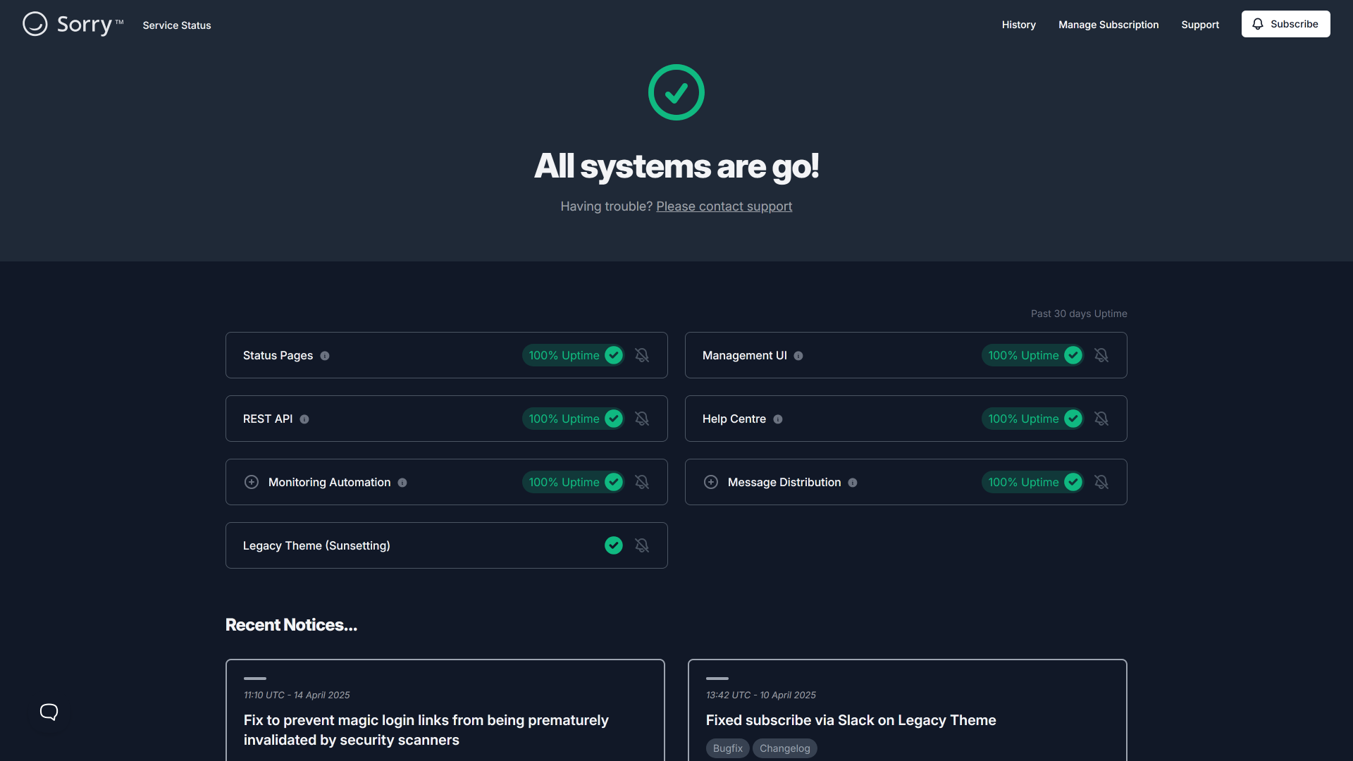 Example of status page by SorryApp