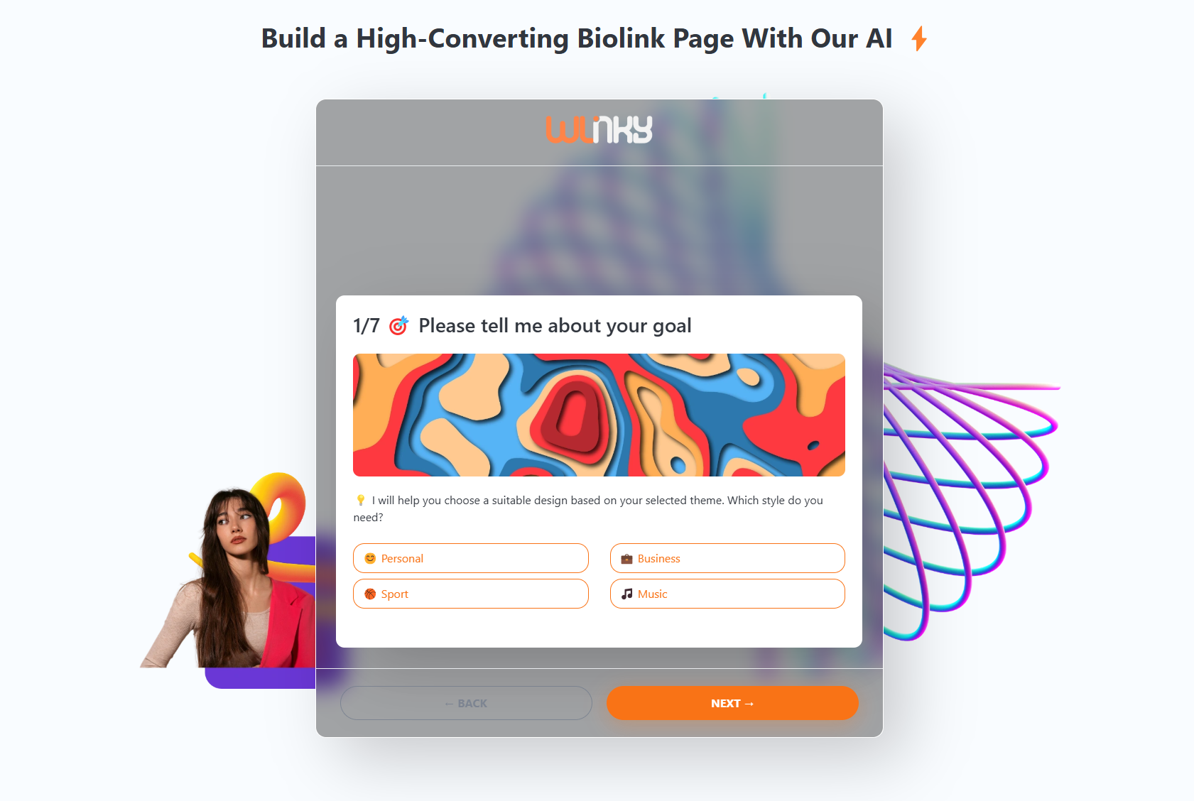 Screenshot of Wlinky homepage showcasing customizable bio link blocks and AI assistant