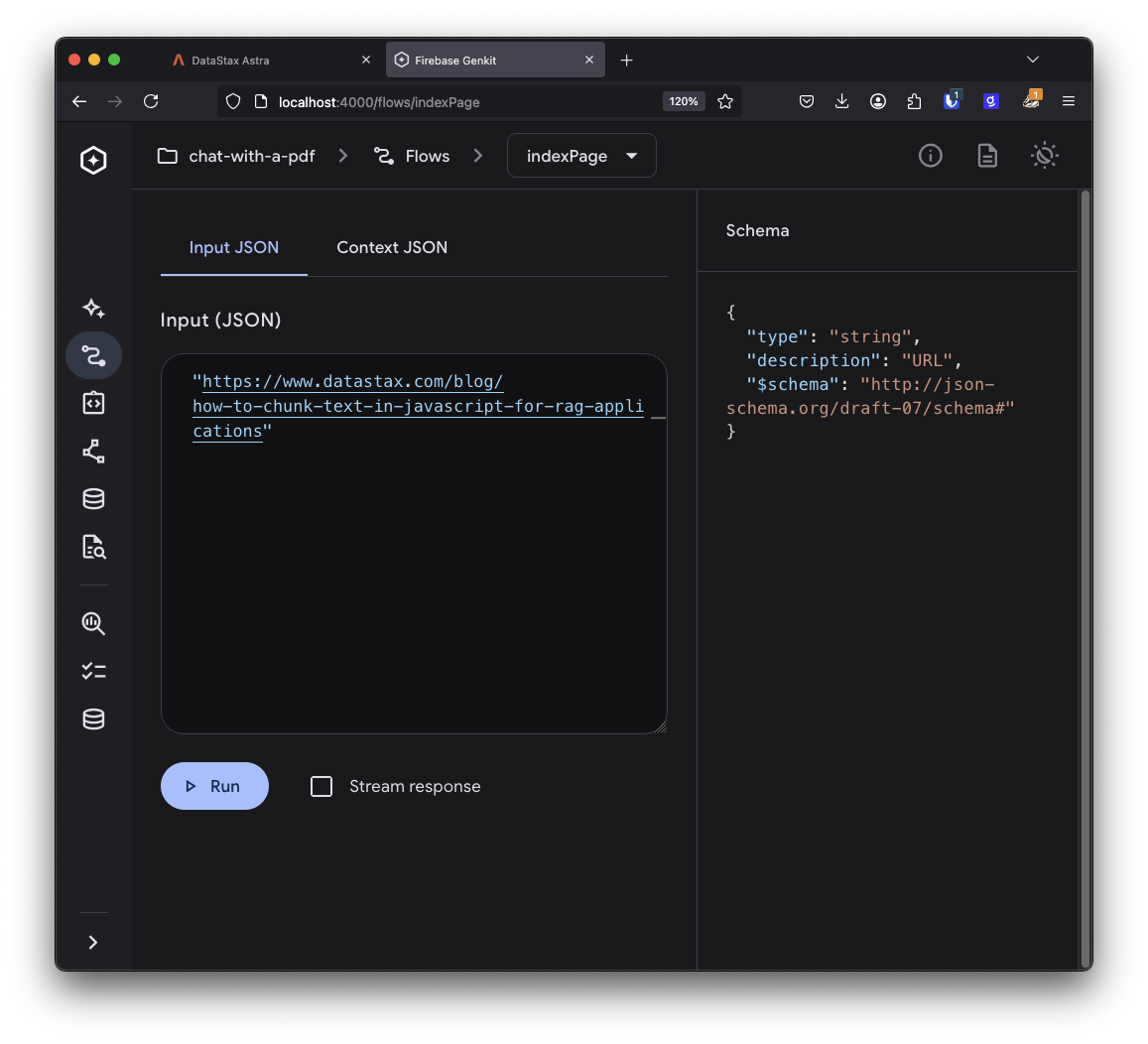 The Genkit UI showing the input JSON that you can enter to run the flow we just built as well as the schema that it accepts.
