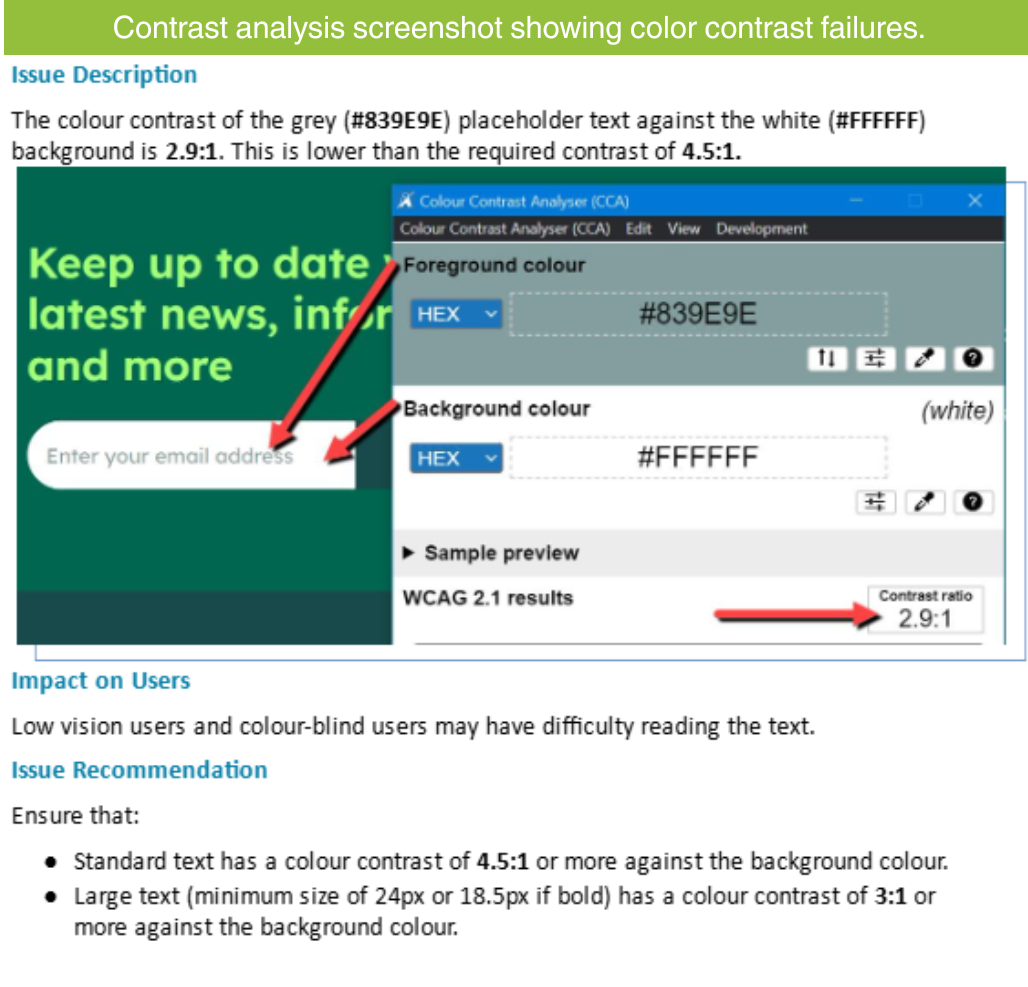 Contrast analysis screenshot showing color contrast failure