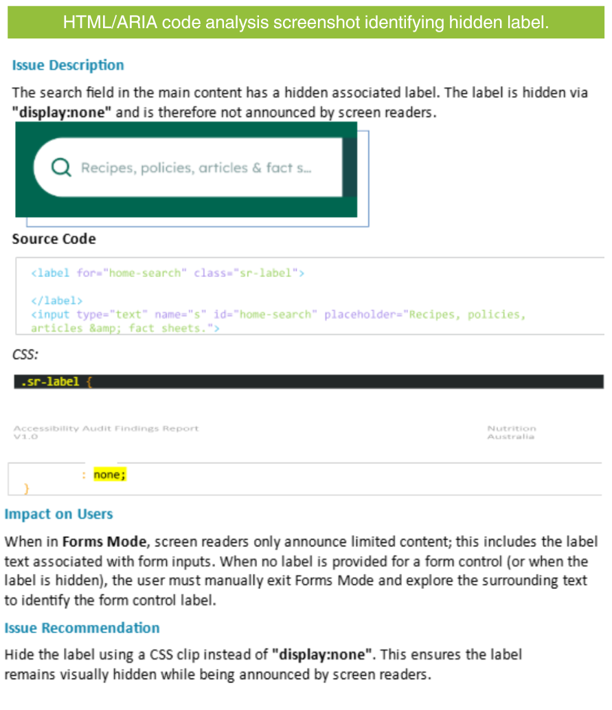 HTML/ARIA code analysis screenshot identifying hidden label