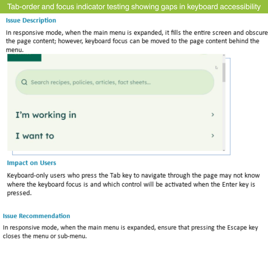 Tab-order and focus indicator testing showing gaps in keyboard accessibility