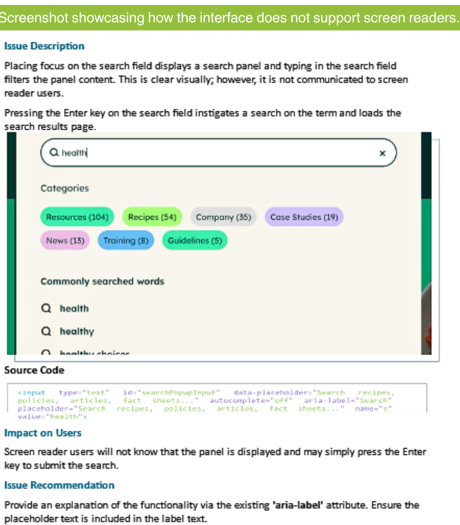 Screenshot showing how the interface does not support screen readers