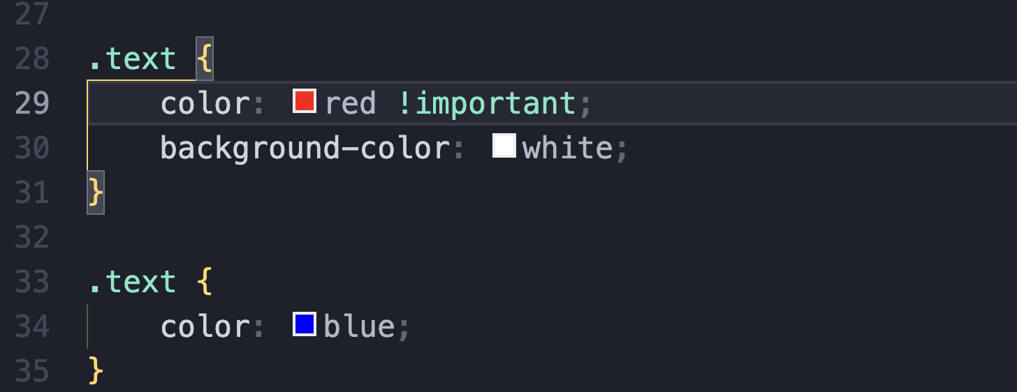 Screenshot of CSS code demonstrating the specificity of  raw `!important` endraw 