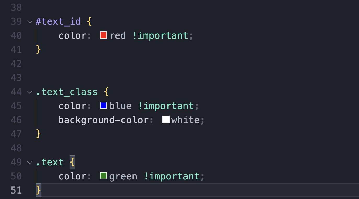 Screenshot of CSS with conflicting !important rules using class and ID selectors