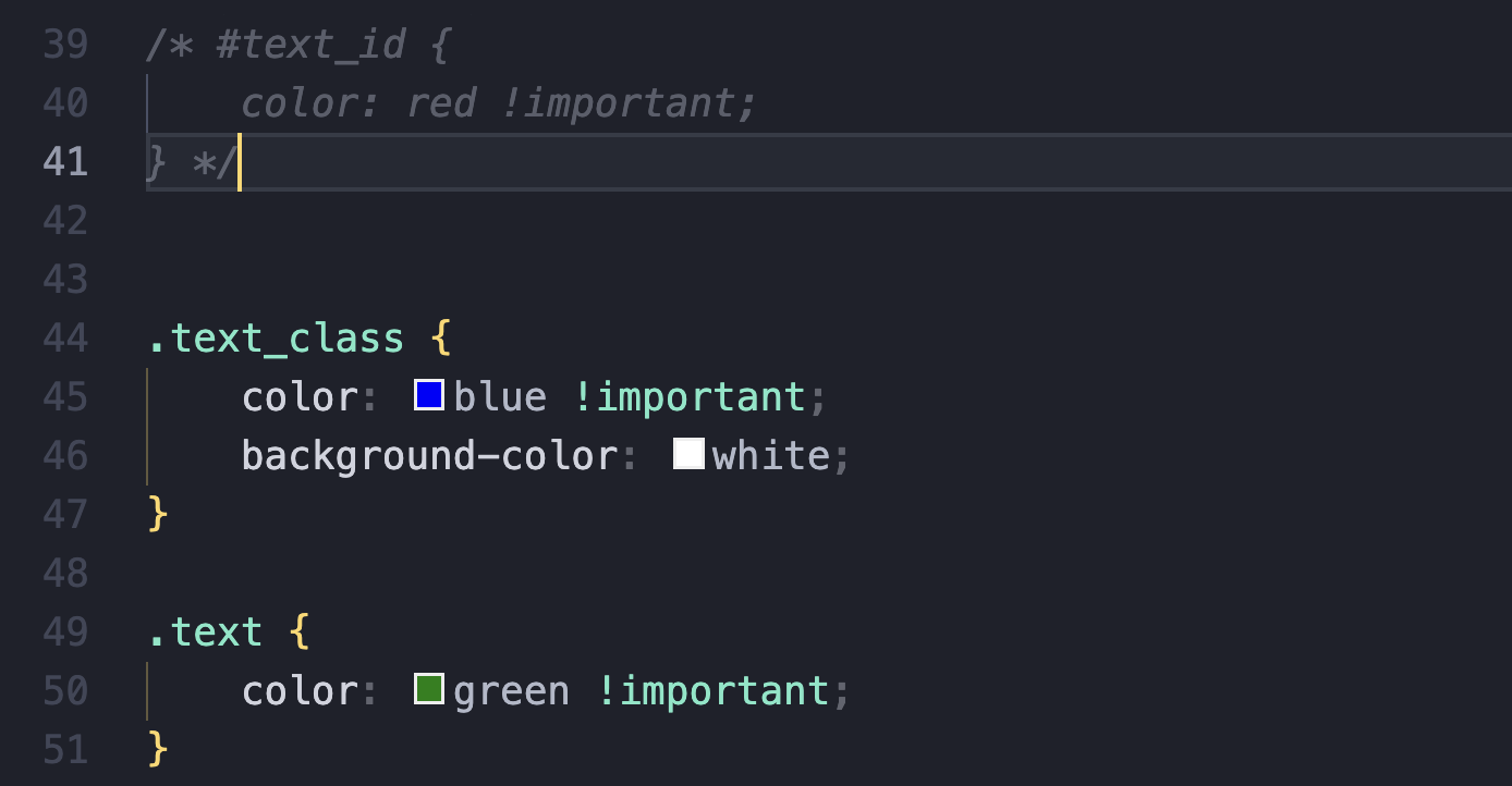 Screenshot of CSS with ID selector rule commented out