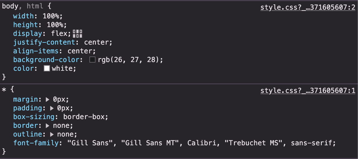 DevTools show styles applied from body and universal selector