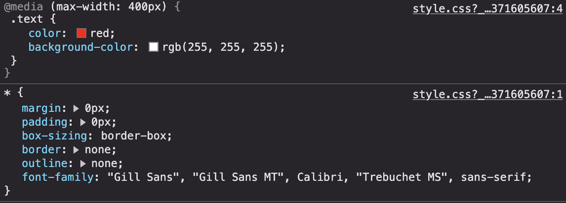 DevTools show .text styles applied through media query
