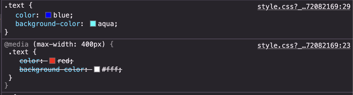 DevTools show media query styles crossed out