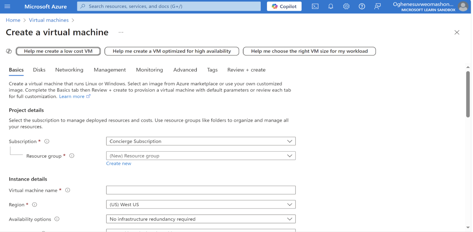 Fill in the required details to create the virtual machine.