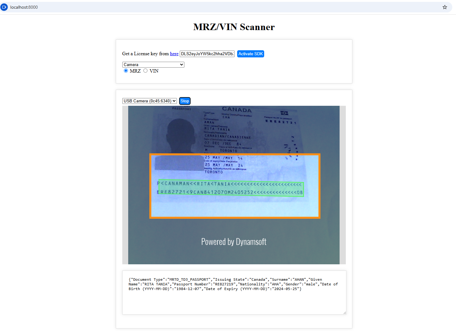 Web MRZ VIN scanner
